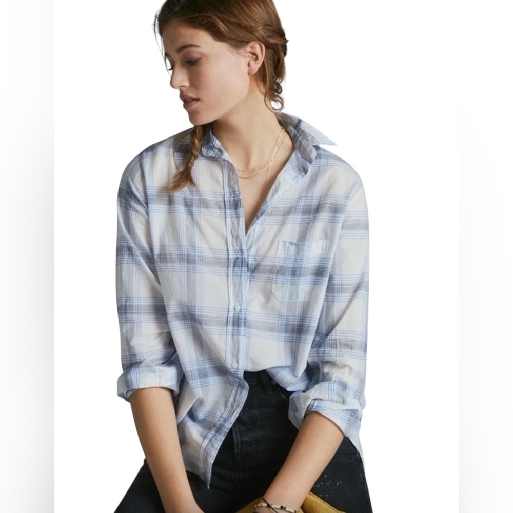 Grayson By Frank & Eileen Women’s The Hero Blue Gray Lightweight Plaid Top Sz L